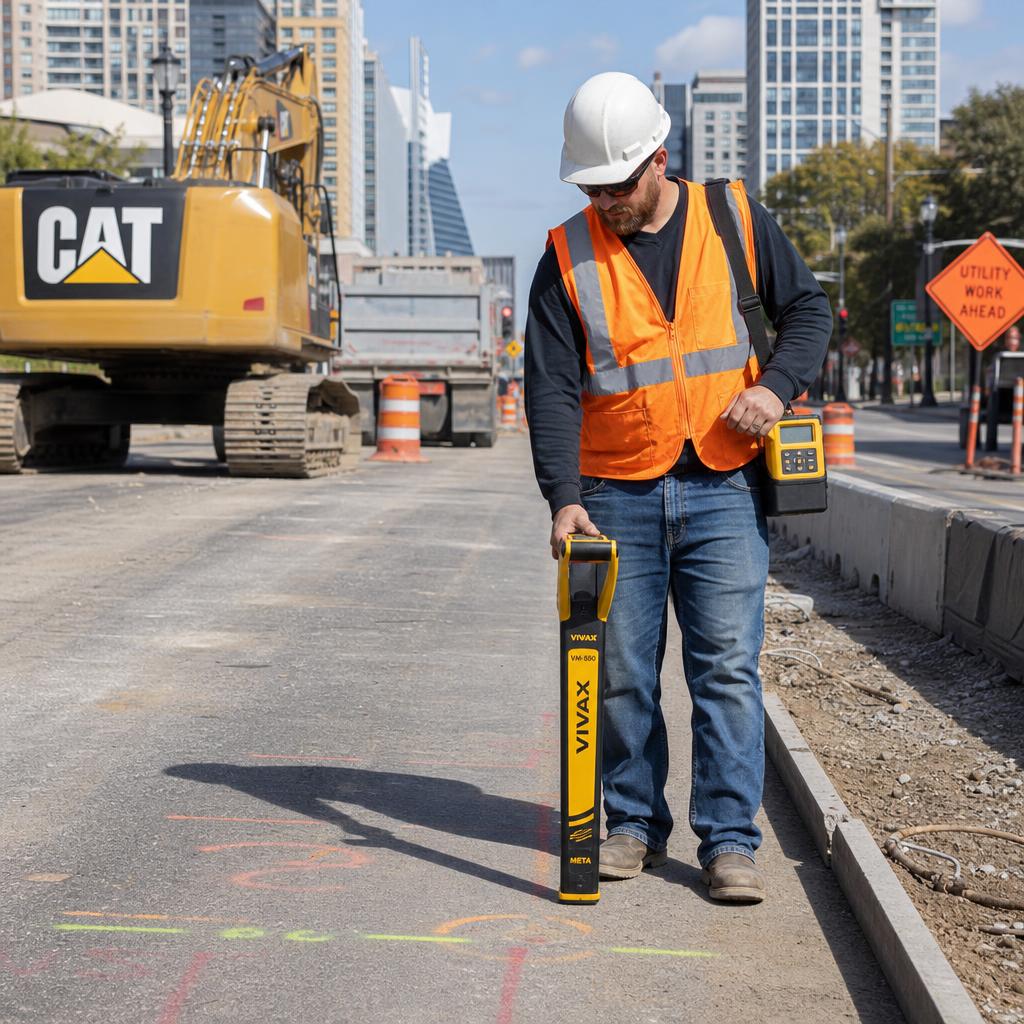 Utility locator technician using EM equipment on a commercial job site in Northeast Ohio